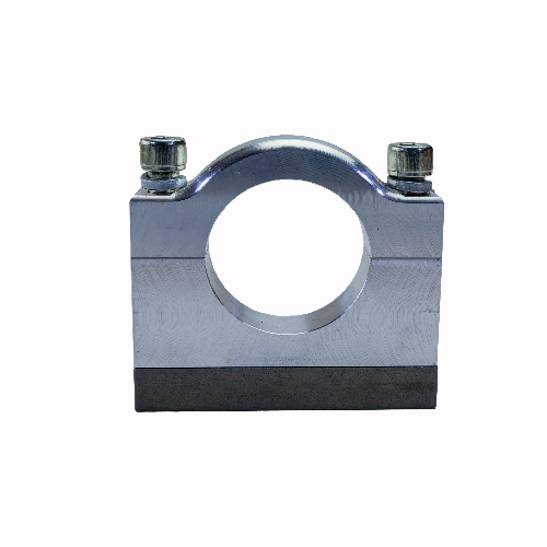 Billet aluminum steering cylinder clamp with a machined circular opening, two top bolts, and a dark steel mounting base, displayed on a white background.