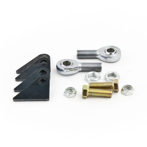 Rod end kit for single-ended cylinder assist with tie rod ends, mounts, bolts and nuts on a white background. 