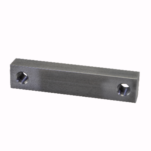 PSC SCWP01 flat weld plates designed for secure mounting of steering cylinder clamps, precision-cut for durability and compatibility with hydraulic assist setups. The block features two threaded holes for mounting. 