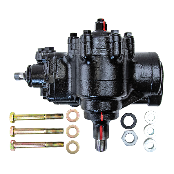 Black mechanical component with bolts and washers on a white background