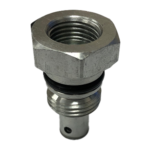 Close-up of a steel hydraulic flow control fitting with hex head, O-ring seal and threaded connector used in high-pressure steering systems.