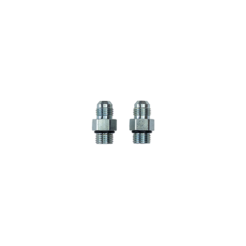 Two silver fittings with o-rings on a white background. 
