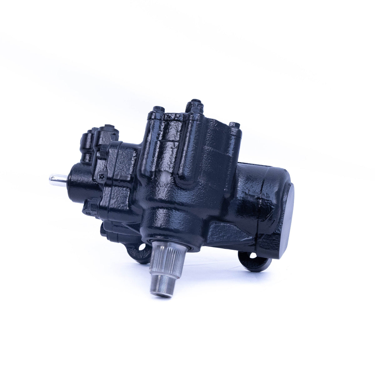 A black industrial mechanical pump or motor assembly with metal shafts, photographed on a clean white studio background.