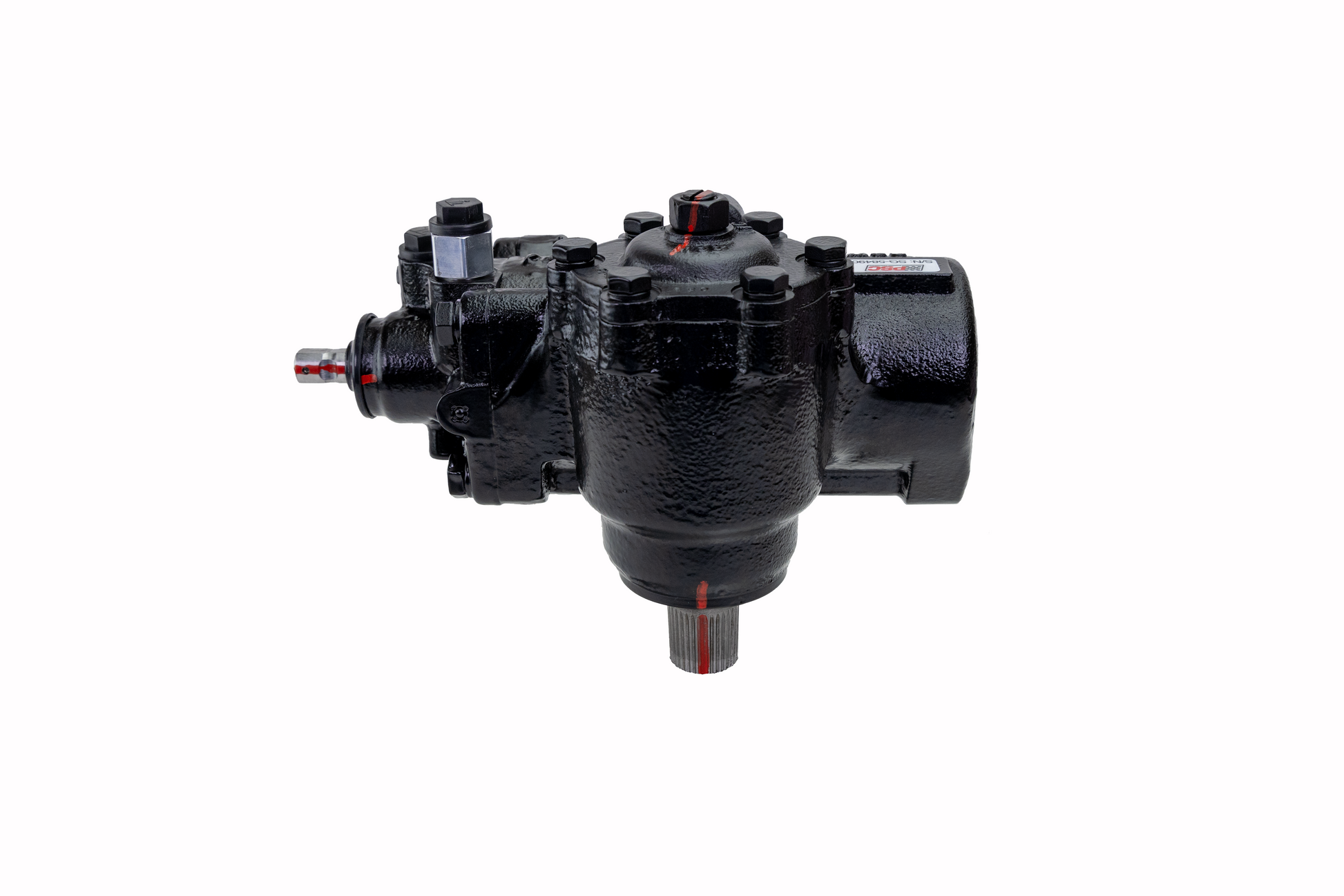 Angled view of a black steering gear with visible input and output shafts, showing precision-machined details and red alignment marks on a white background.