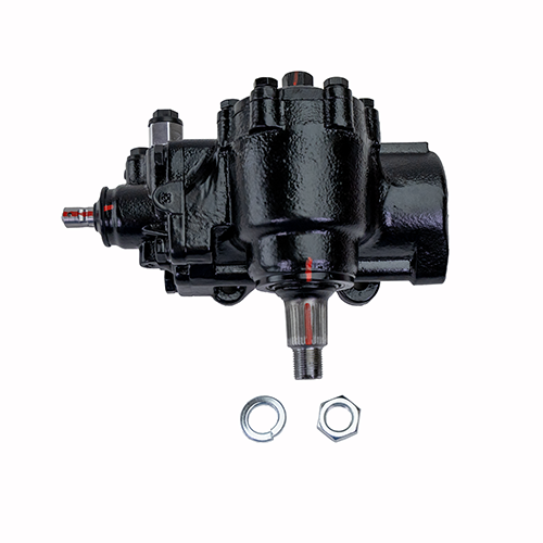 Overhead view of a black steering gear with a machined input and output shaft, accompanied by a washer and hex nut positioned below the gear on a white background.