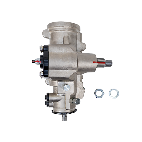 Overhead of a silver PSC steering gear SG061R featuring a machined aluminum housing, black top cap and precision mounting brackets on a white background with the pitman arm nut and washer. 