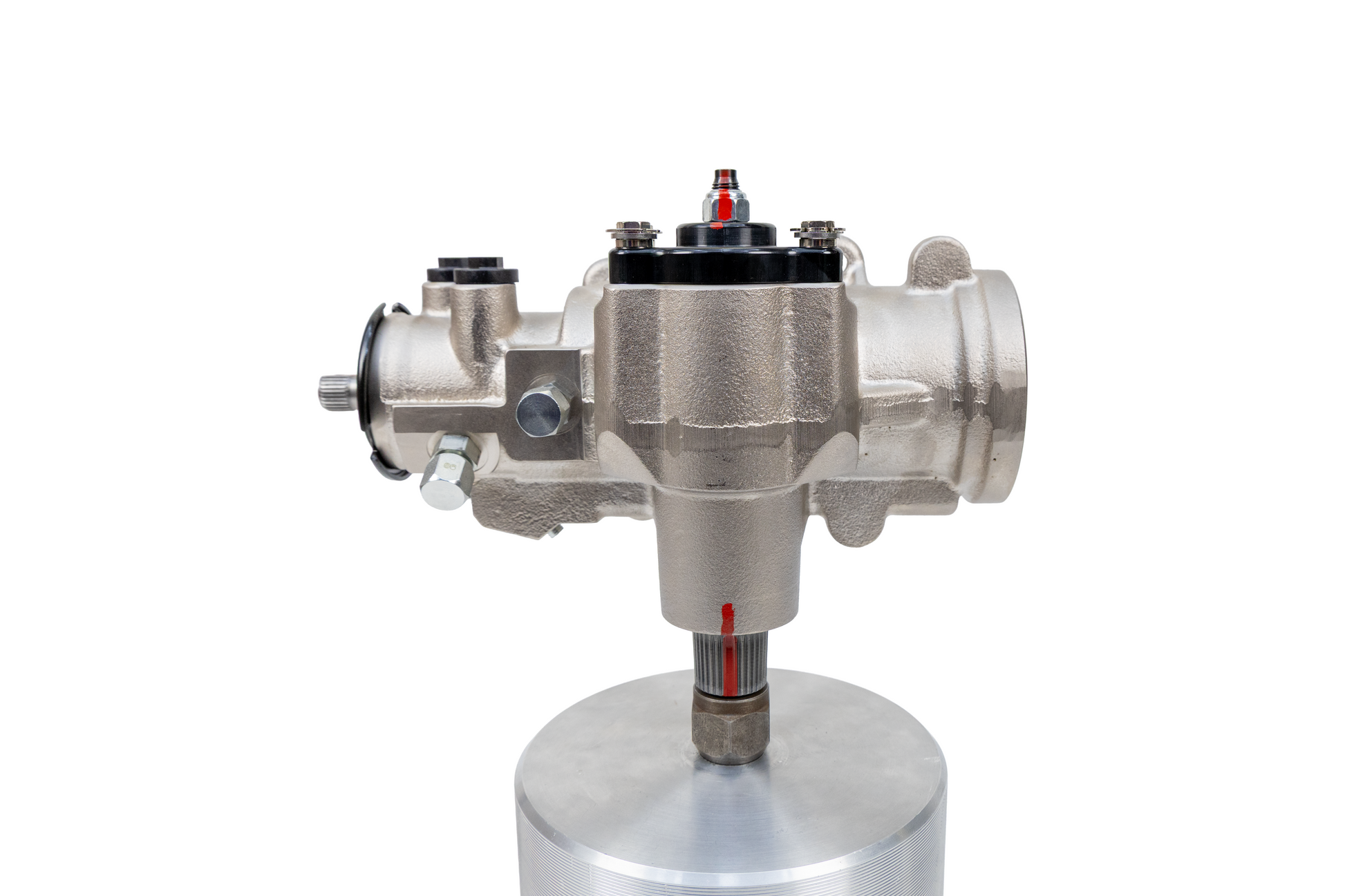 Angle of a PSC Steering Gear SG061R for Jeep YJ shown on a silver photo base with a white background. 