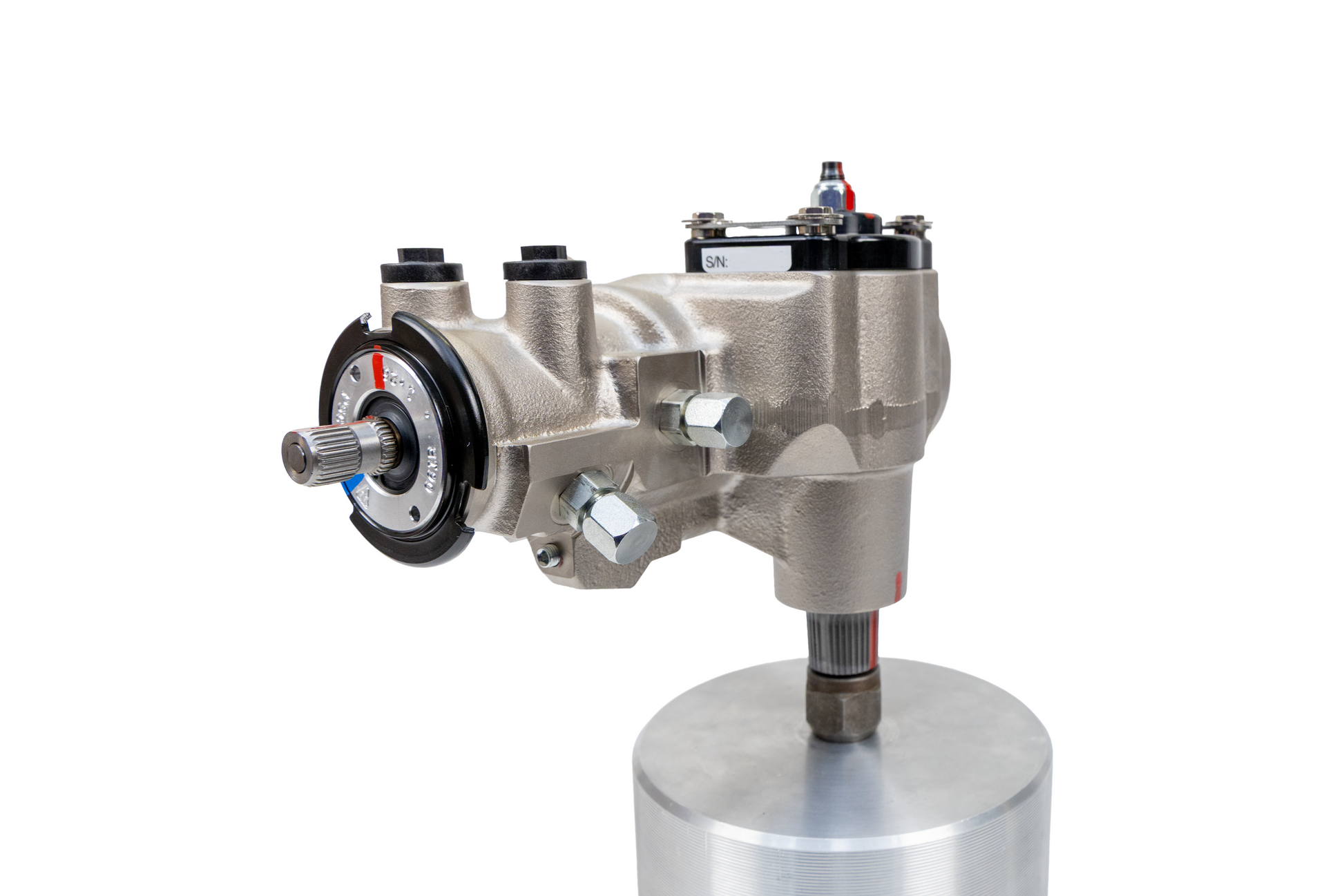 Angle of a Jeep YJ PSC Steering Gear SG061R shown on a silver photo base with a white background. 