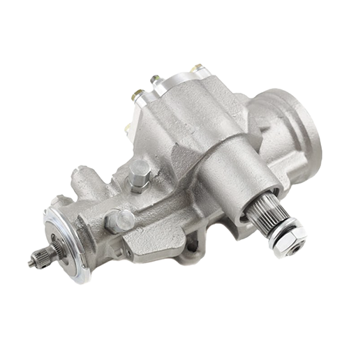 Silver Big Bore XD® steering gear for a Jeep CJ on a white background. 