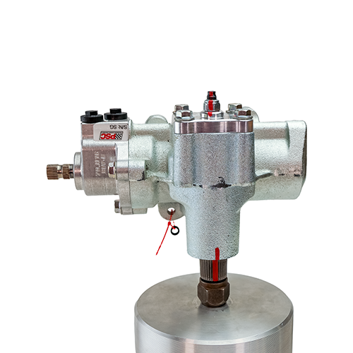 PSC’s Pro Touring Steering Gear SG652 shown on a metal base with a white background. 