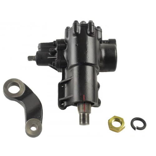 Black PSC steering gear assembly displayed with pitman arm and mounting hardware on a white background.