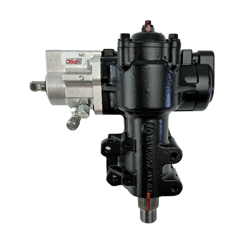 Black PSC steering gear with an attached silver hydraulic assist unit, precision-machined fittings, and a threaded sector shaft, displayed on a white background.