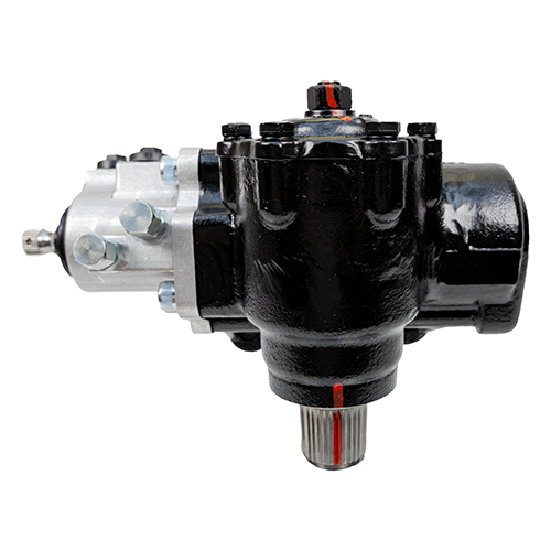 Front-mounted view of the BIG BORE XD Cylinder Assist Steering Gear illustrating the output shaft alignment and durable black finish for Ford Super Duty applications.