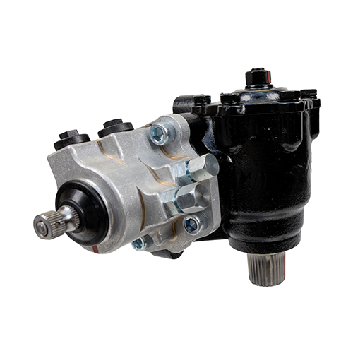 Angled side view of the Big Bore XD® Cylinder Assist® Steering Gear highlighting the precision-machined housing, sector shaft and hydraulic assist ports on a white background.