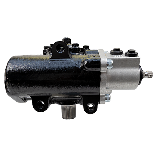 Side profile of the Big Bore XD® Cylinder Assist® Steering Gear for 2005–2009 Ford F-250 and F-350 models showing high-pressure hydraulic housing and bolt assembly.