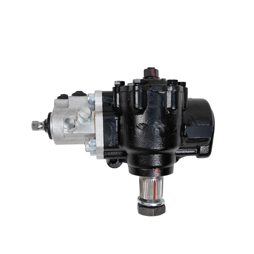 Front view of the Big Bore XD® Cylinder Assist® Steering Gear for Ford F-250 and F-350 trucks, showing heavy-duty cast housing and machined sector shaft with nut and washer installed in a white background.