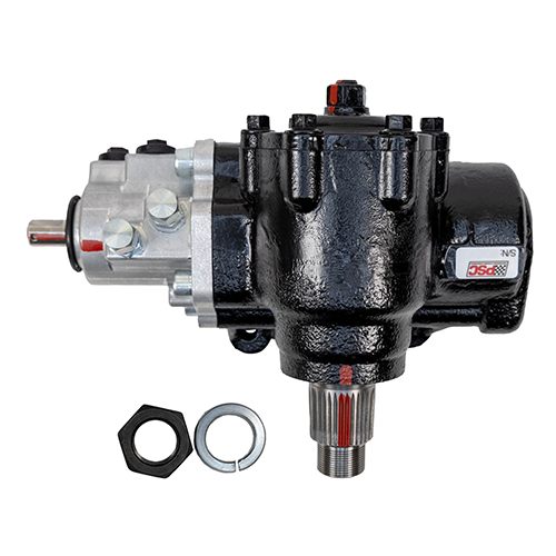PSCBlack Big Bore XD® Cylinder Assist® steering gear on a white background. The gear is for Ford F-250/F-350 Super Duty for the year range of 2007-2024. SG754R