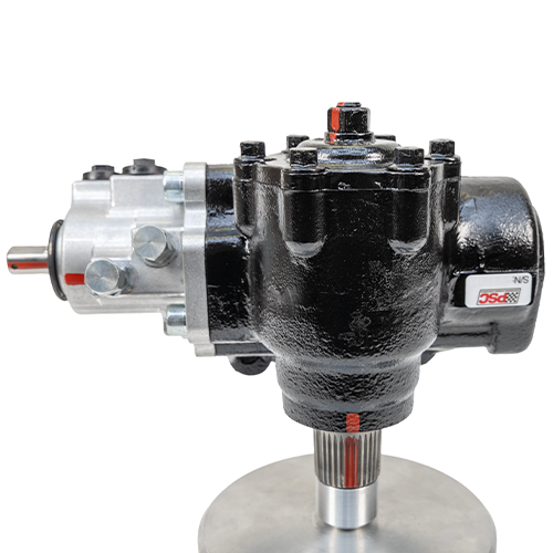 PSC Big Bore XD® steering gear for F250/F350 Super Duty 07-24 angle 2 shown on a display base with a white background. SG754R