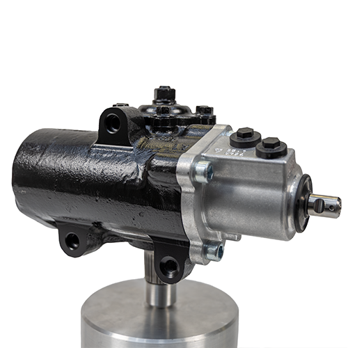 PSC steering gear for F250/F350 Super Duty 2007-24 angle 4 shown on a display base with a white background. This angle shows the mounting locations on the underside of the gear. SG754R