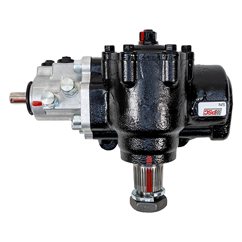 PSC Black Big Bore XD® Cylinder Assist® steering gear overhead image with nut and washer installed shown on a white background. The gear is for Ford F-250/F-350 Super Duty for the year range of 2007-2024. SG754R
