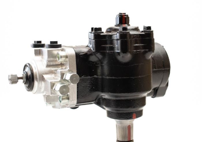 PSC Big Bore XD® steering gear with black and silver anodization for use with 2nd gen Dodge RAM trucks to fir n 1994-2002 RAM 2500/3500 on a white background. 