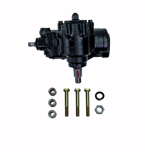 Black PSC steering gear assembly displayed with hardware kit, including bolts, washers and locknut components, arranged neatly on a white background.