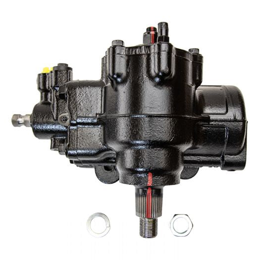 Black PSC steering gear assembly with a threaded sector shaft and two metal washers, displayed on a white background for a clear product view.