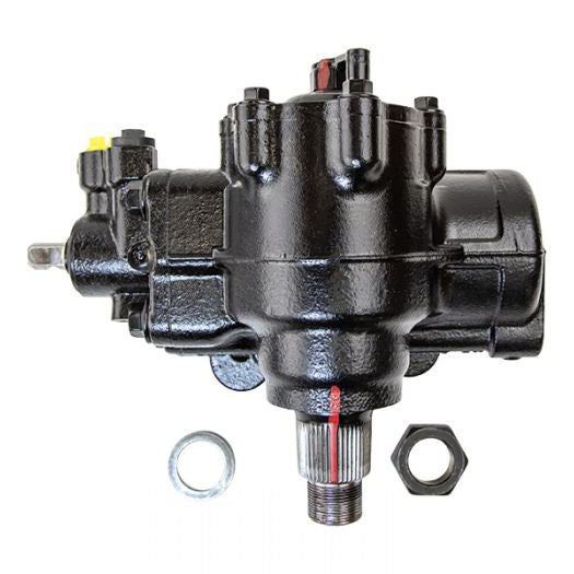 Black PSC steering gear SG856 with a threaded output shaft, hex nut and washer displayed on a white background for detailed product presentation.
