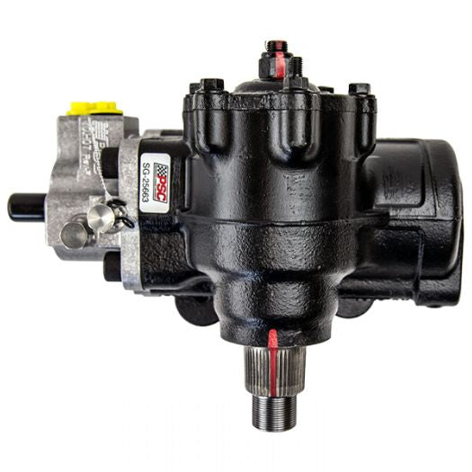 Black PSC steering gear unit with a threaded output shaft displayed on a white background for detailed product presentation.