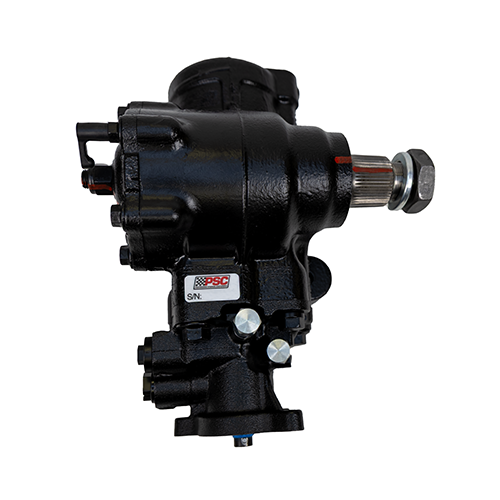 Black PSC steering gear SG857R with a threaded output shaft, hex nut and washer displayed on a white background for detailed product presentation.