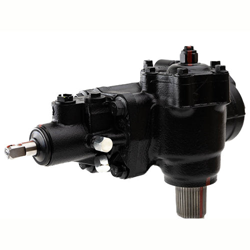 Black PSC steering gear SG859R with a threaded output shaft, hex nut and washer displayed on a white background for detailed product presentation.