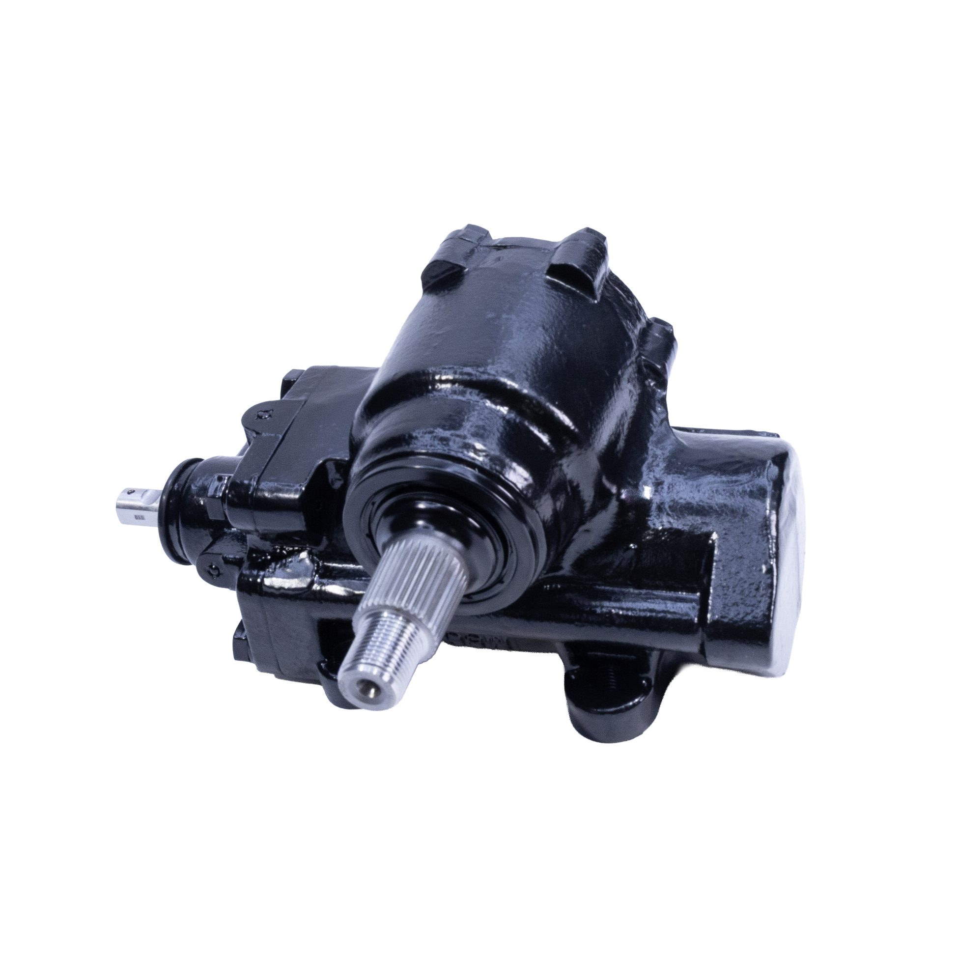 A black painted metal mechanical pump or motor assembly with a silver splined shaft, photographed on a plain white background.