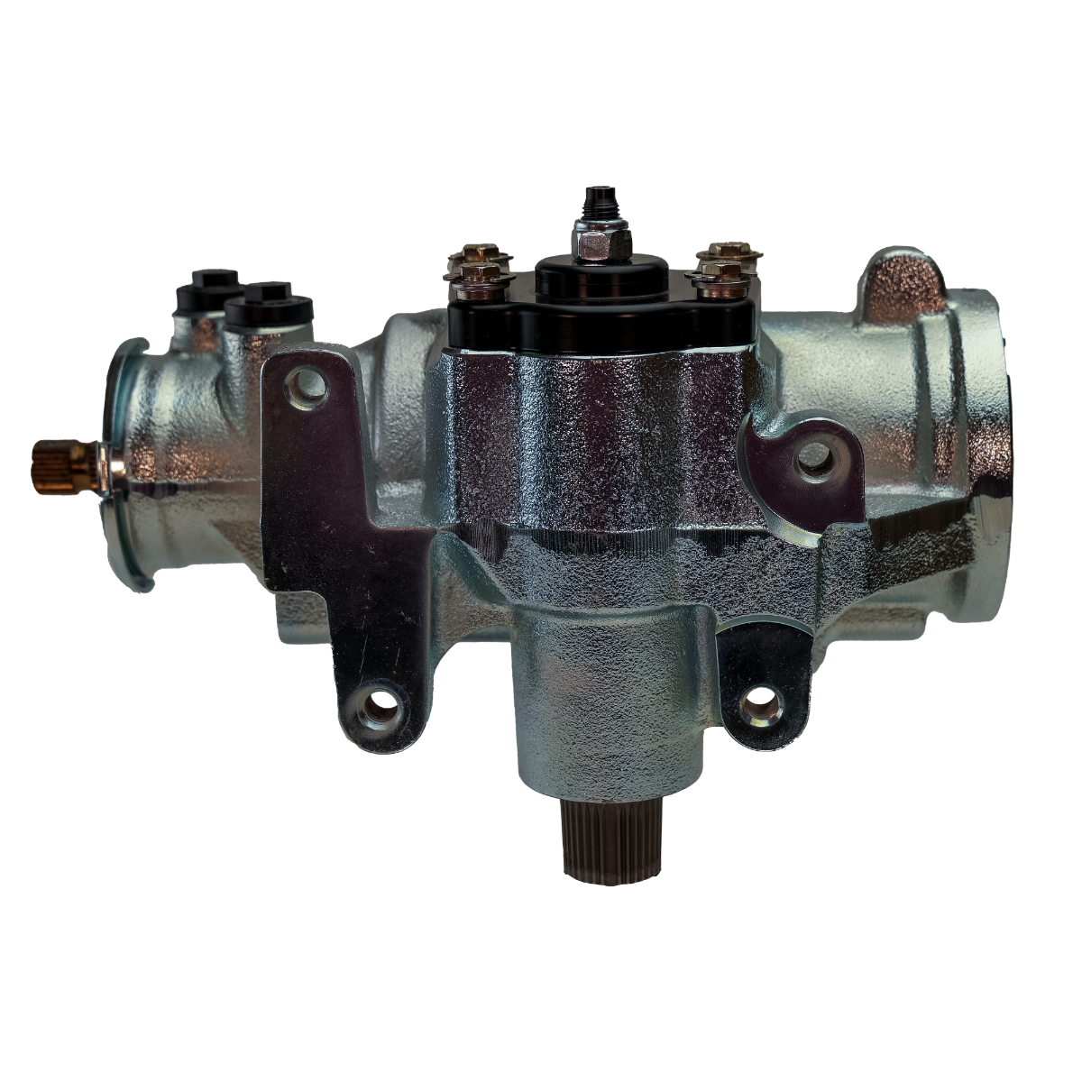 Side profile of silver PSC steering gear with mounting brackets visible, displaying a durable cast housing and precision-machined fittings.