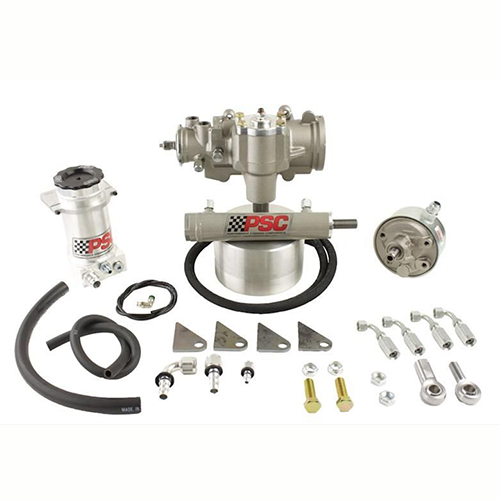 PSC steering kit including silver steering gear, cylinder/ram, pump, remote reservoir, hose fittings, mounts, hoses and hardware on a white background. 
