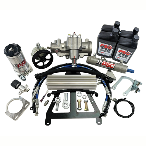PSC steering kit with steering gear, four black bottles of PSC 715 hydraulic oil, pulley, cylinder, cooler, hoses, clamp, mount, reservoir and fittings with a white background. 