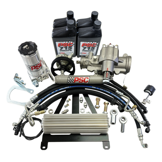 PSC Mechanical parts and components for a cylinder assist steering kit on a white background. The kit includes hoses, hardware, a reservoir, steering gear PSC 715 Steering Fluid, a cooler, pulley and other components. 
