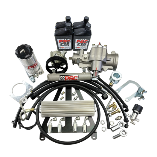 PSC kit with steering gear, cylinder, four PSC 715 bottles, pump, clevis joints, hoses, fittings, hardware, mounts, reservoir and clamp in front of a white background. 