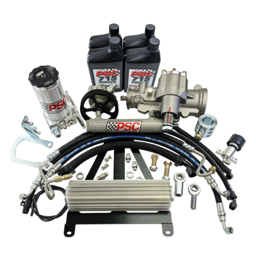 Steering Kit including a PSC-branded cylinder and reservoir, cooler, hoses, hardware, steering gear, tie rod clamp, pulley and four PSC 715 Hydraulic Steering Fluid bottles on a white background.