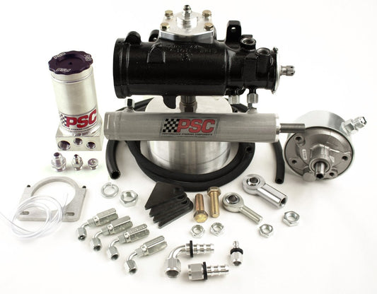 PSC components, including a steering cylinder, hoses, mounts, a reservoir, pully and hardware on a white background.