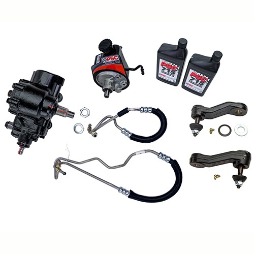 Collection of steering parts including a steering gear, pump, hoses, pitman and idler arms and two PSC 715 bottles on a white background. 
