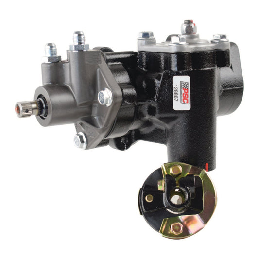 Black and silver PSC steering gear component with visible branding on a white background. 