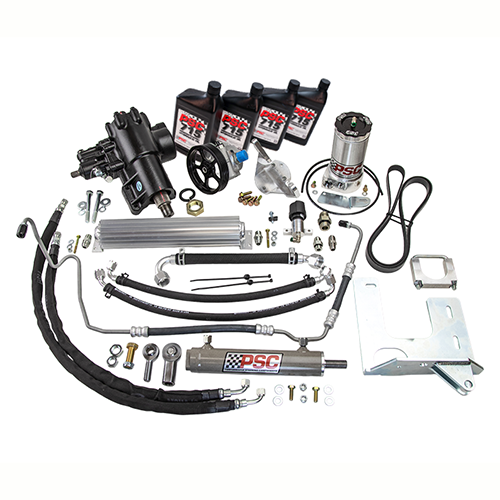 Steering kit with pump, steering gear, pulley, belt, hoses, cylinder/ram, cooler, PSC 715 steering fluid, clevis ends, mounts and hardware on a white background. 