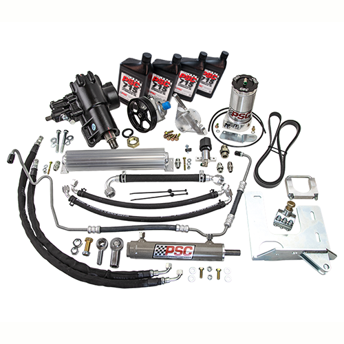 Steering kit with pump, steering gear, pulley, belt, hoses, cylinder/ram, cooler, PSC 715 steering fluid, tie rod clamp, clevis ends, mounts and hardware on a white background. 
