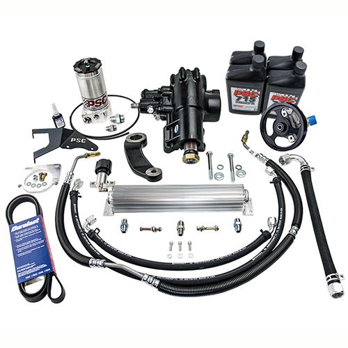 A collection of steering components and accessories including hardware, hoses, a cooler, steering gear, pump pulley, PSC 715 steering fluid, a bely and other parts on a white background