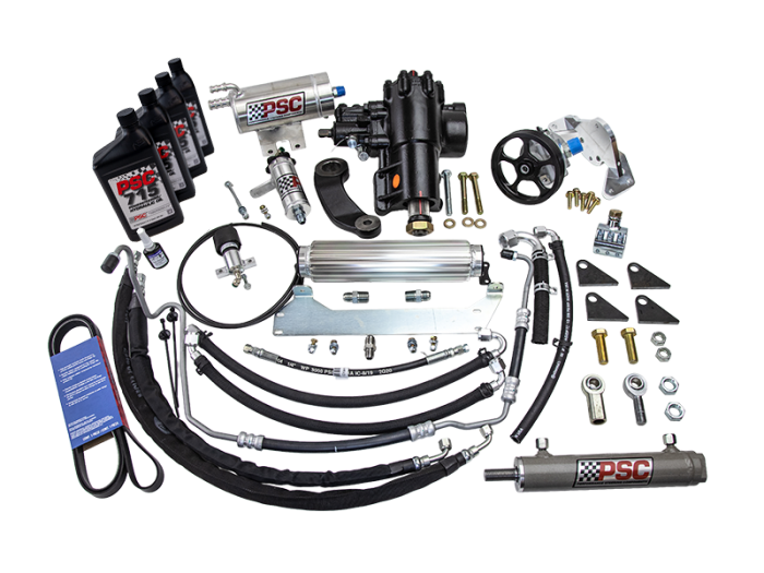 PSC steering kit with reservoir, steering gear, PSC 715 hydraulic oil, cooler, fittings, mounts, hoses, steering cylinder, mounting bracket and belt all arranged on a white background. 