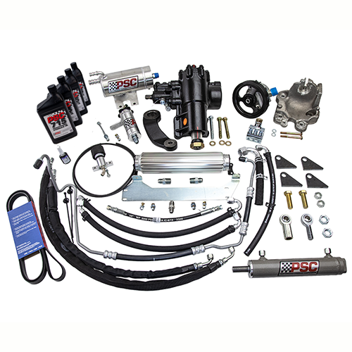 Steering components like hoses, a belt, cylinder, gear, pulley, hydraulic fluid, pitman arm, offset clamp, fittings and hardware on a white background. 