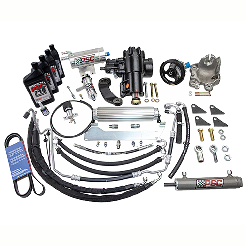 Steering components like hoses, a belt, cylinder, gear, pulley, hydraulic fluid, pitman arm, mounts, fittings and hardware on a white background. 