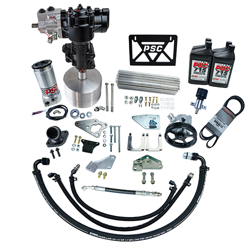 PSC steering kit with a steering gear, PSC branded reservoir, four black PSC 715 bottles, a PSC cooler mount, hose kit, pulley pump, belt, hardware and fittings on a white background. 