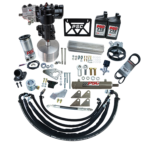 Collection of PSC automotive parts including a pump, hoses, and metal components on a white background.