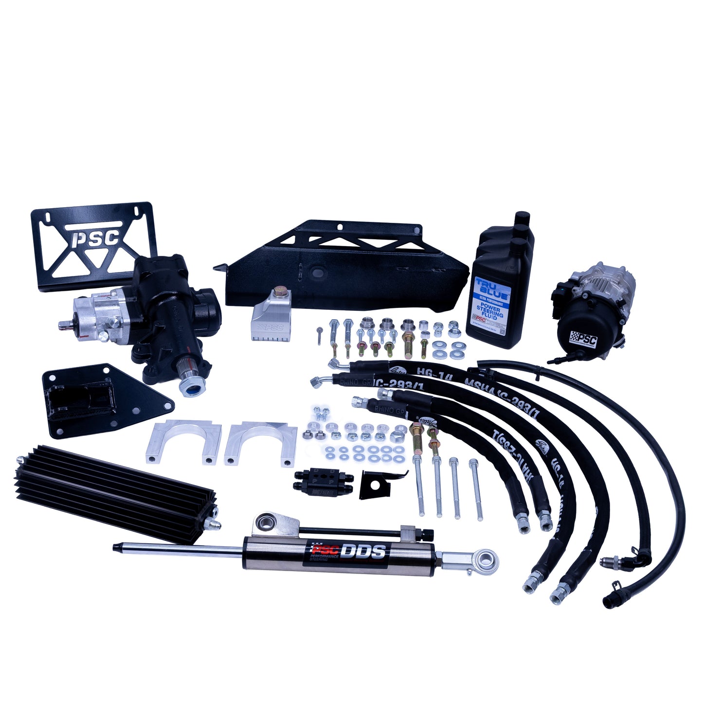 A complete PSC DDS hydraulic power steering kit with various black and silver components, including hoses, brackets, a shock absorber, fluid bottle, and mounting hardware, arranged on a solid white background.
